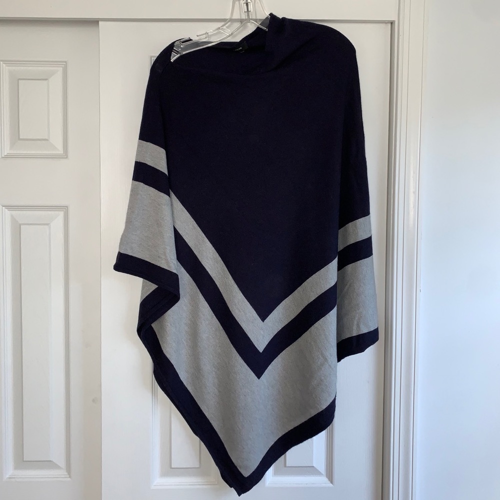 Striped Knit Poncho in Navy and Light Gray - Women's Layering